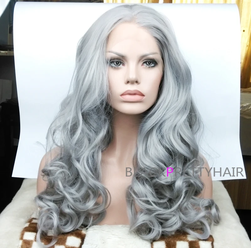 Heat Resistant Silver Long Wavy Lace Front Wigs Synthetic Glueless