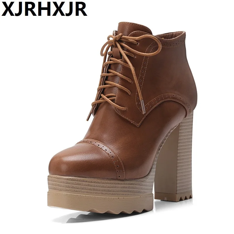 

XJRHXJR Brand New 2018 Woman Boots Ankle Boots Ladies Square High Heel PU leather Women Shoes Winter Motorcycle Boots Size 32-42