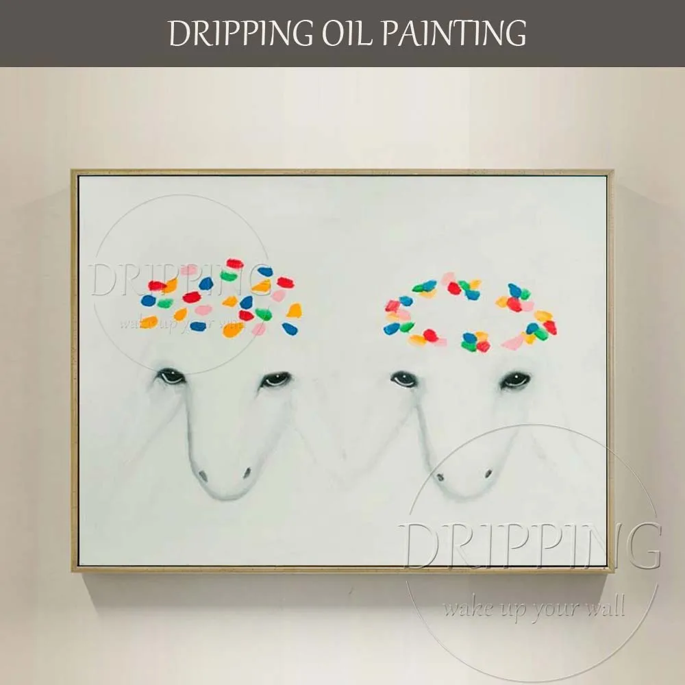 

Artist Hand-painted High Quality Double Sheep Oil Painting on Canvas Beautiful Sheep Head with Flowers Oil Painting for Wall Art