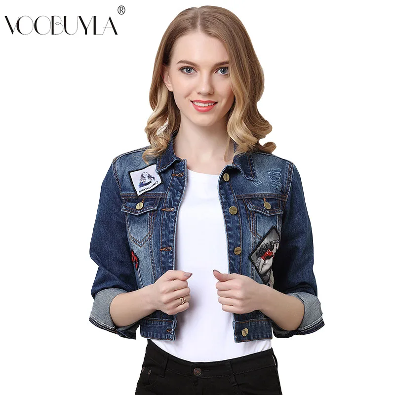 Voobuyla Women Cropped Jean Jacket Blue Embroidery Short Denim Jackets