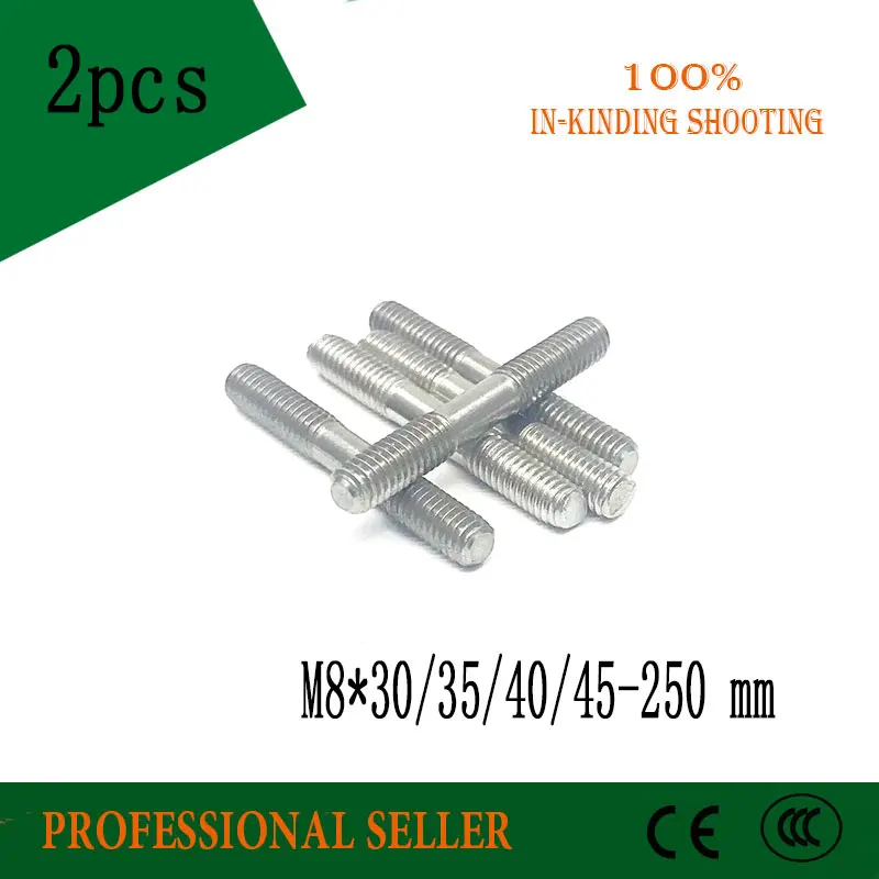 

2PCS M8 304 Stainless Steel Double End Threaded Screw Headless Double Thread Studs Bolt M8*30/35/40/45-250 mm