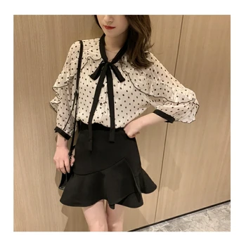 

Chiffon Polka Dot Women's Blouses Peter Pan Collar Shirt Women Lantern Sleeve Camisas Mujer Butterfly Blusa Feminina Summer Tops