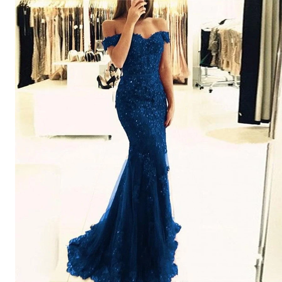 

Off The Shoulder Mermaid Long Evening Dresses Tulle Appliques Beaded Custom Made Formal Evening Gowns Prom Party Dresses