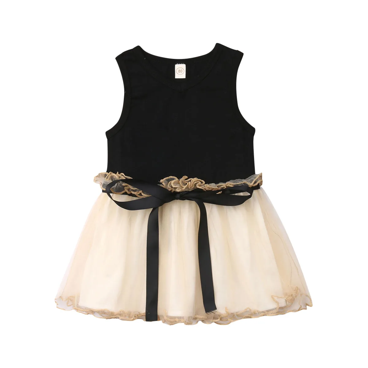 Детское От 0 до 5 лет платье для маленьких девочек, кружевные вечерние Платья с цветочным принтом и бантом, однотонное платье без рукавов - Цвет: Черный