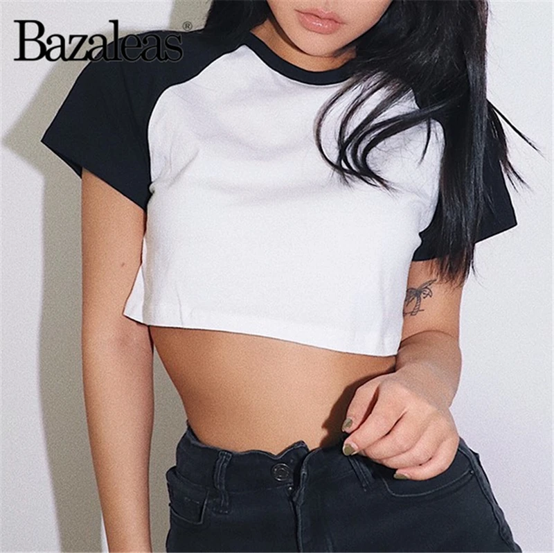 

Bazaleas Patchwork Basic Women T-shirt Streetwear Sexy Crop Top Slim tshirt harajuku Cropped Vintage tops drop shipping