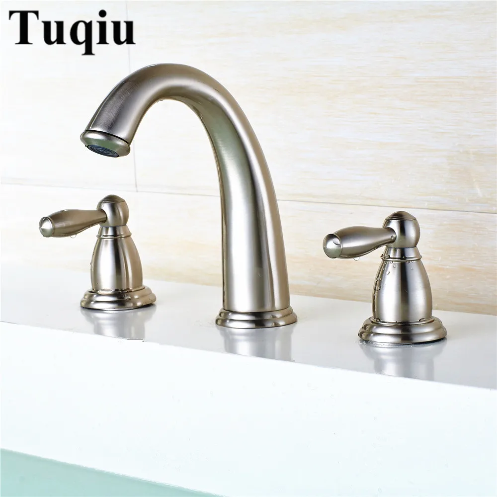 

Widespread Basin Faucets nickel Deck Mounted Bathroom Sink Faucets 3 Hole Double Handle Hot & Cold Water Tap La cuenca del grifo