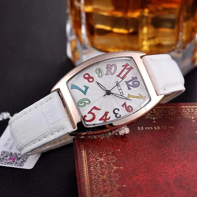 JW618 KEZZI необычные женские часы Tonneau с золотым корпусом наручные часы на заказ большой цветной кожаный ремешок с номером женские кварцевые часы - Цвет: Белый