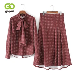 GOPLUS 2 Piece Set Women Casual Red Polka Dot Full Sleeve Front Bow Tshirt Ankle-length Skirt Set Women Conjuntos De Mujer C8085 GOPLUS 2 Piece Set Women Casual Red Polka Dot Full Sleeve Front Bow Tshirt Ankle-length Skirt Set Women Conjuntos De Mujer C8085