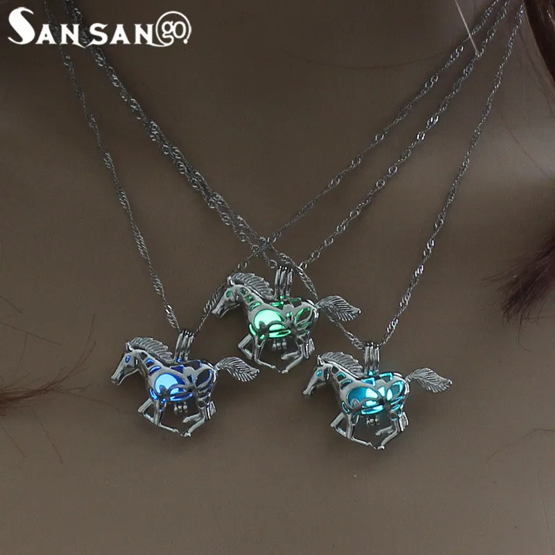 

Hot selling Glowing In The Dark Running Horse Pendant Necklace Hollow Out Luminous Locket Cage Necklace Jewelry For Woman Men