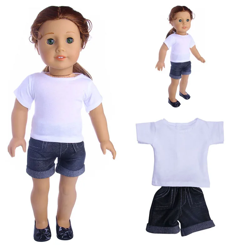 2in1 Set American Girl Doll Clothes of White T shirt and Denim Shorts