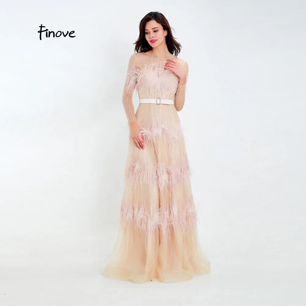 Finove Luxury Illusion Prom Dress New Design 2020 Tulle with beaded Feathers Sashes A-Line Evening Woman Party Gowns | Свадьбы и