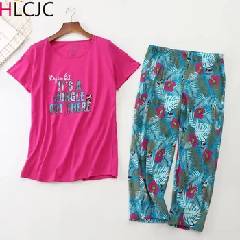 

Hot Plus Size Knitted Cotton Pajamas Summer Short-sleeved Loungewear Women Pijama Sleepwear Calf-Length Pants Pyjamas For Female
