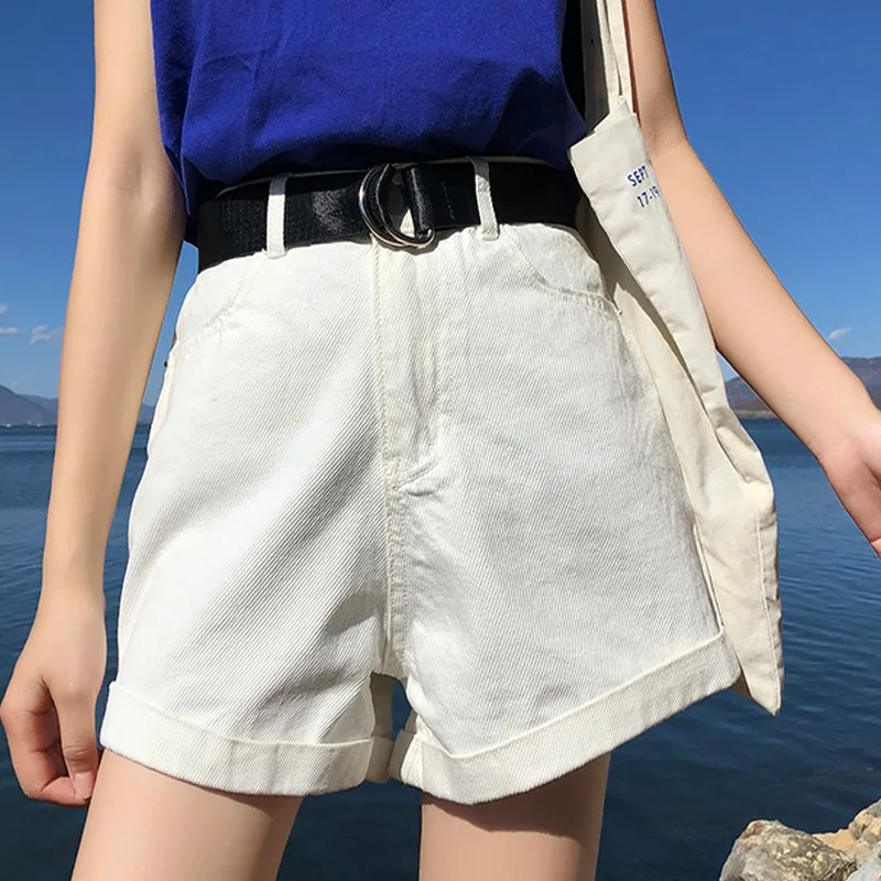 

New Korean Style Summer Wide-leg Plus Size Women Denim Shorts with Belt Simple Loose High Waist Vintage Solid Color Short Pants