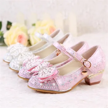 

Children Rhinestone beading lace flower Shoes Girls dance Shoes high-heeled Party Princess Shoes size 27-37 white pink GZX03