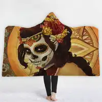 Sugar Skull Flower Hooded Blanket for Adults Kids Floral Gothic Sherpa Fleece Wearable Throw Blanket Microfiber Black Bathrobe