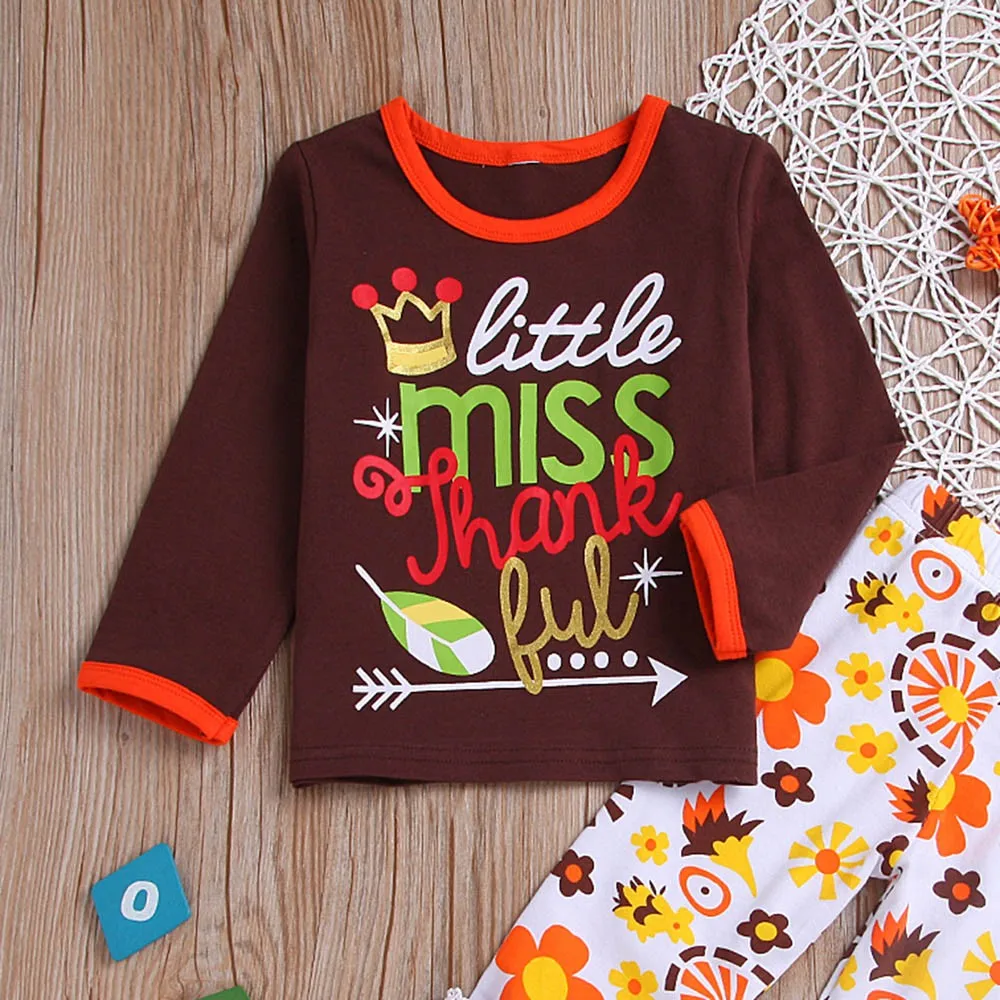 

2019 Baby Clothes Hot Sale Long Sleeve Cotton Toddler Kids Baby Girl Thanksgiving Day Letter Tops Lace Patchwork Pants Outfits