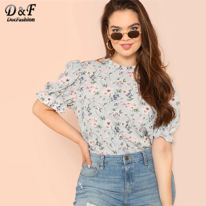 

Dotfashion Plus Size Blue Mock Neck Ruffle Cuff Floral Womens Tops And Blouses 2019 Summer Boho Clothes Korean Short Sleeve Top