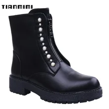 

TIANMIMI Martens Boots Women Winter Shoes Pearl Ankle Boots Femme Square Heels Platform Black Style Motorcycle Booties
