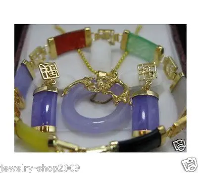 

Jewelry jade pendant necklace earring bracelet set+ chain>>18K GP Plated gold Bridal wide watch wings queen JEWE