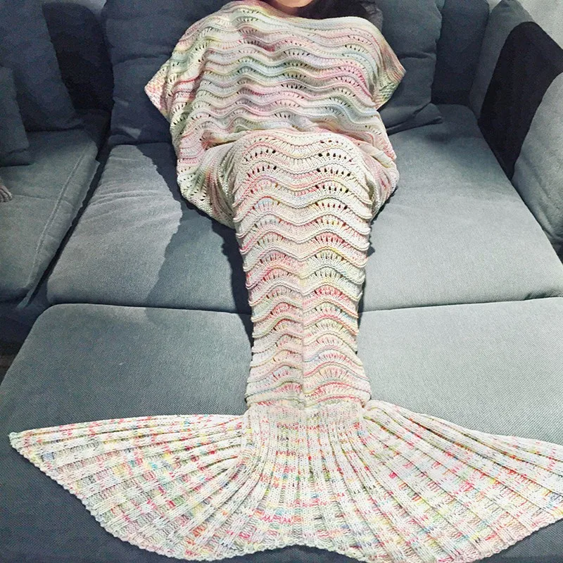 180x90cm Ripple Soft Wool Knitted Mermaid Tail Blanket Adult Handmade