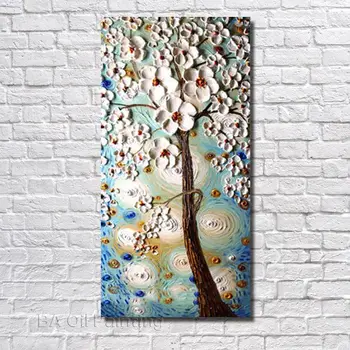 

Hand Painted Abstract White Flower Tree Oil Painting Wall Pictures On Canvas Modern Home Decorative for Living Room no Framed