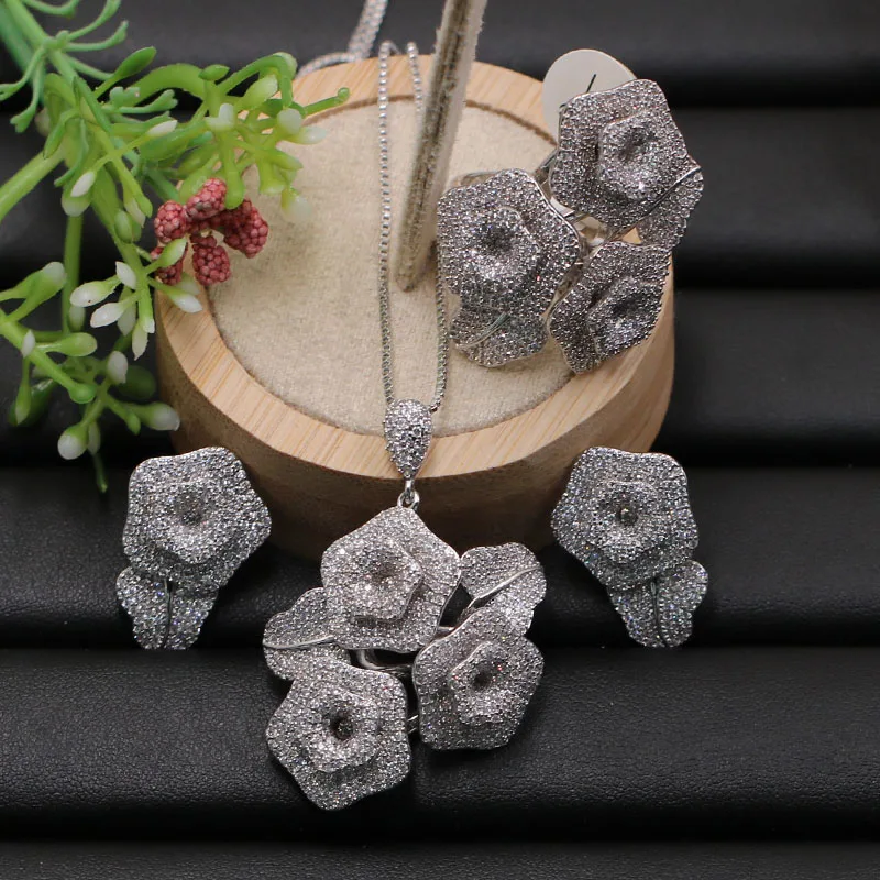 Lanyika ювелирный набор супер уникальный цветок микро проложили кубический циркон ожерелье с серьгами и кольцом для банкета лучший подарок - Окраска металла: white Micro Plated