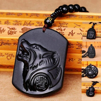 

5pcs Natural Black Obsidian Carved Buddha Amulet Pendent Lucky Necklace High Grade Men Couple Lover Pendent Healing Crystal Gift