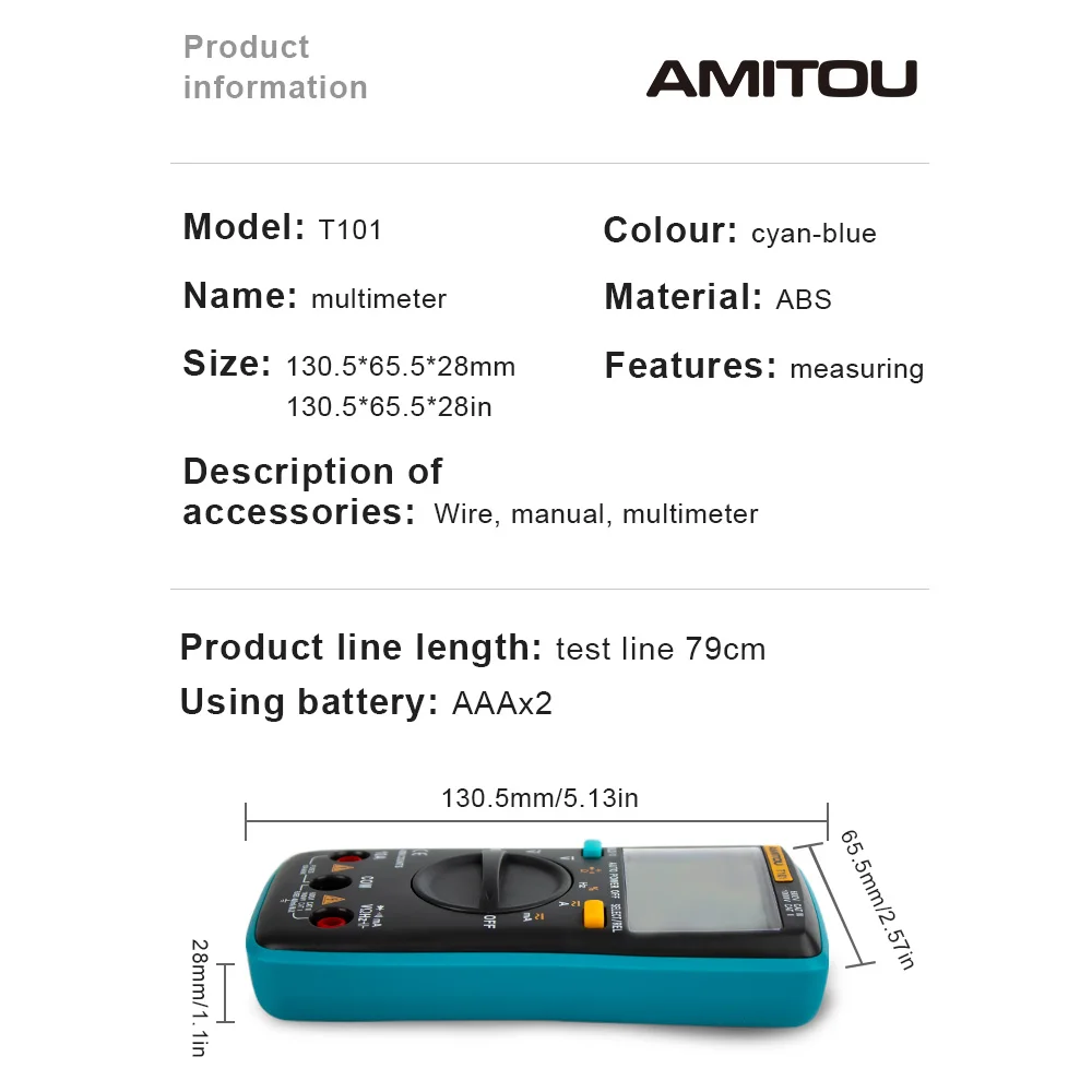 Amitou T101 ЖК-дисплей цифровой мультиметр с подсветкой AC/DC Напряжение ток миллиампер сопротивление, частота преобразования зуммер тестер синий