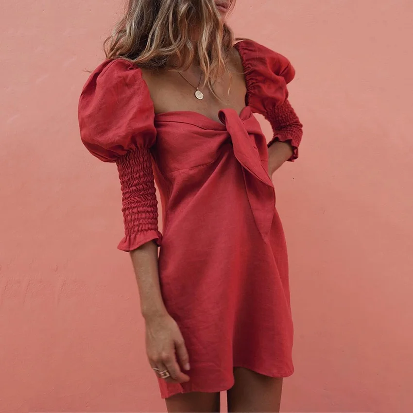 OOTN весна лето короткое платье женские красные Повседневные платья женский пляжный сарафан три четверти с пышными рукавами мини-платье-рубашка - Цвет: Red