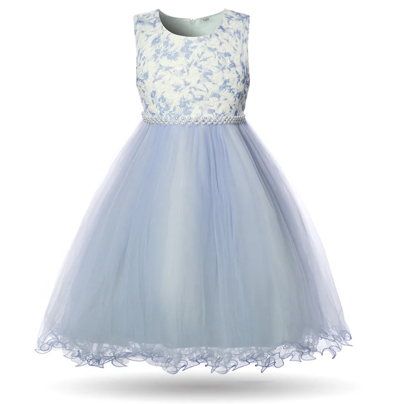 Cielarko/Элегантное платье для девочек вечерние Детские Платья с цветочным рисунком для Свадебная вечеринка принцессы Бисер бальное платье дети жемчуг платье - Цвет: Blue
