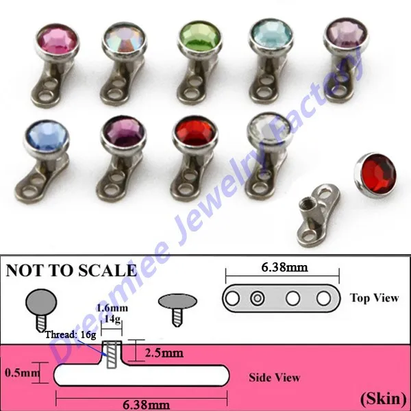 

40pieces Flat CZ Gem Assorted Color Dermal Anchor Base Tops Skinner Diver Head Implants Body Piercing Jewelry