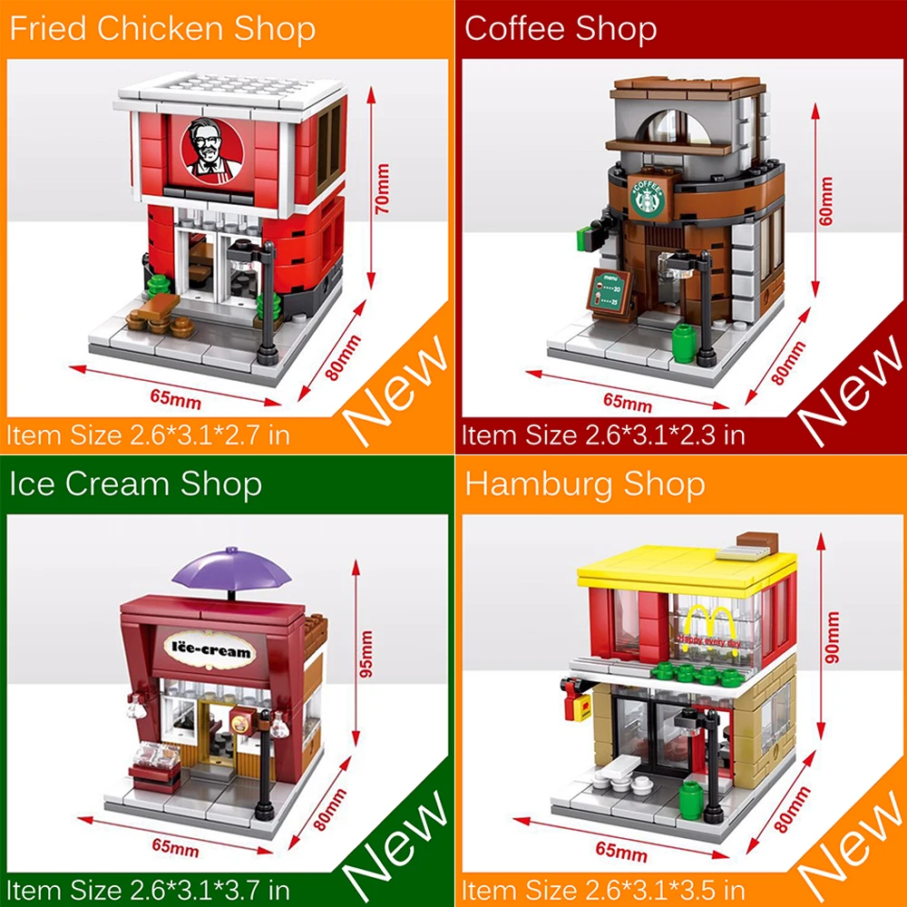 

4pcs/Set Mini Street View Building Bricks Blocks City Toys Fast Food Coffee Shop Ice Cream Store Hamburg Shop Fried Chicken Shop