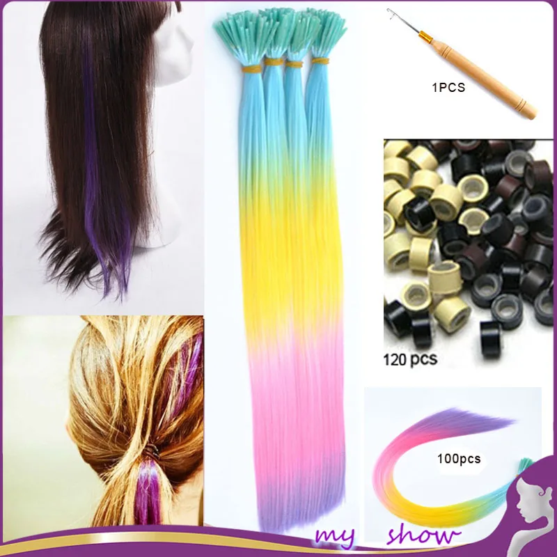 100pcs 20 Long Straight Rainbow Purple Color Four Tone Party
