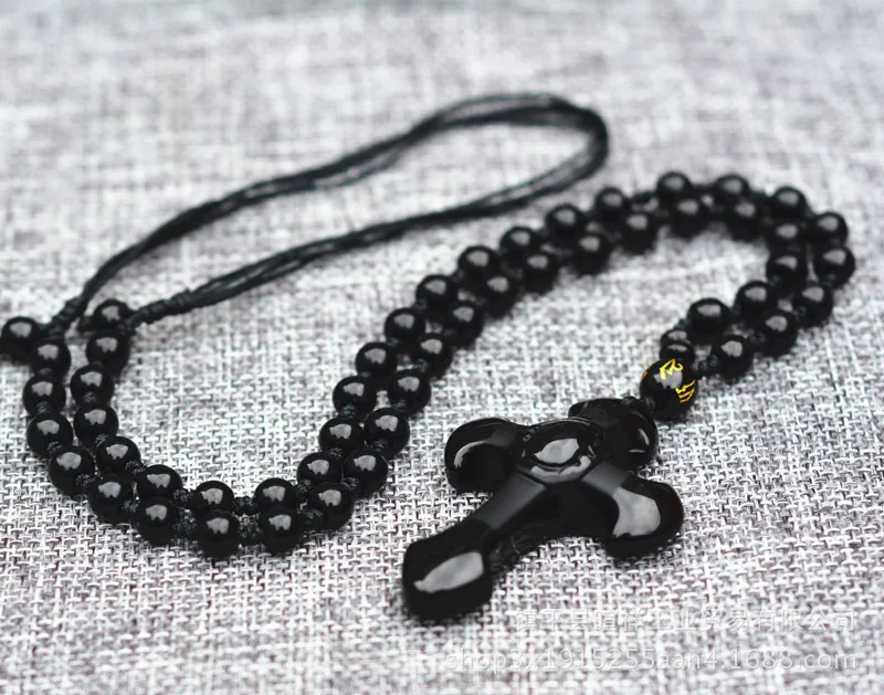 Прямая натуральный черный обсидиан резной крест счастливый кулон бусы ожерелье для женщины мужчины ручной резной подвески ювелирные изделия