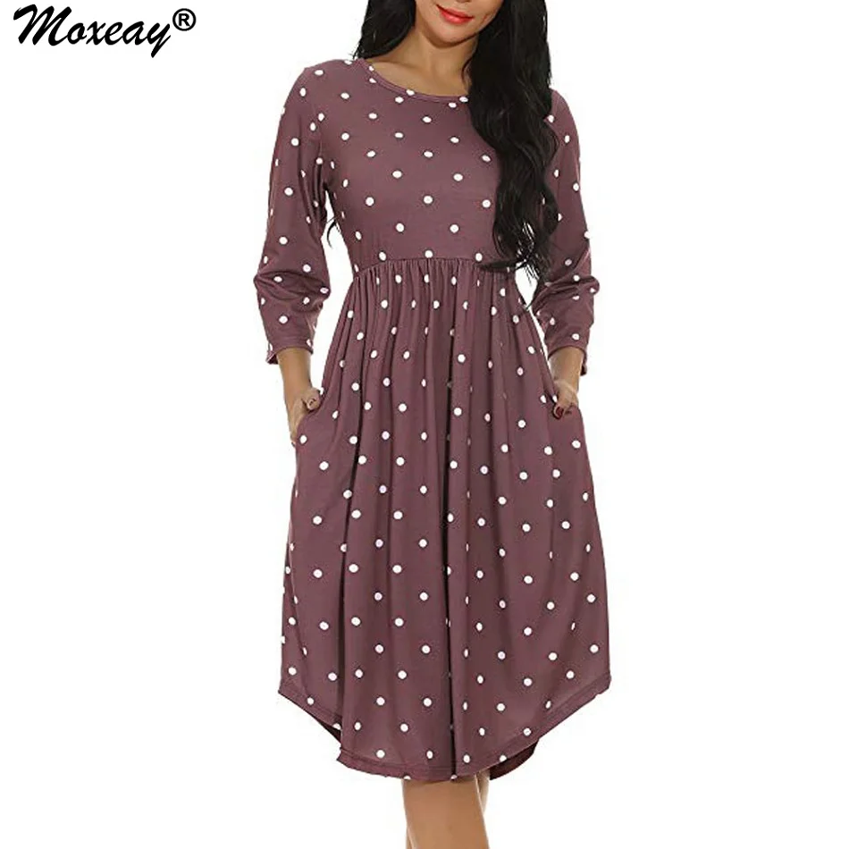 

Moxeay Dress Women 3/4 Long Sleeve cotton Pleated Polka Dot dress Loose Swing Midi Dress Empire Waist Casual Dress with Pockets