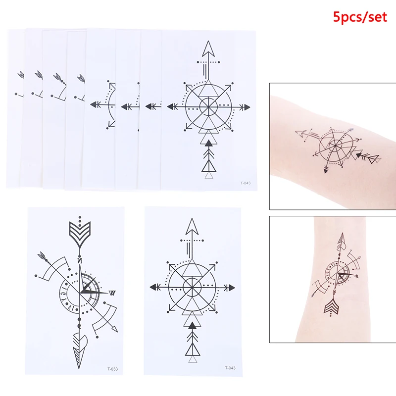 5PCS Black Temporary Tattoo Stickers Arm Art Fake Tatoos HEART Compass Transfer Tattoo Flash Fake Tattoos For Men Women