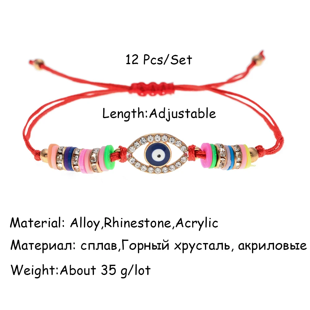 12pcs/set Handmade Braide Adjustable Bracelets&Bangle Crystal Eye Palm Beads Charms Bracelet Fashion Wristband Jewelry for Women|Браслеты с