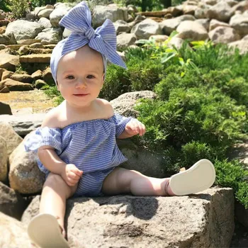 

Infant Baby Girls Sleeveless Off Shoulder Striped Solid Bodysuit + Headbands Set Yenidogan Bebek Giyim Baby Girl Lovely Set