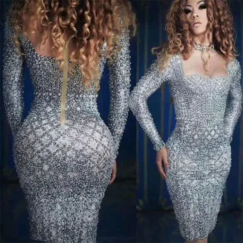 

X59 Female Pearl bag hip skirt gray evening dress pole dance satge wears tight outfits party dance costumes disco clothe outfits