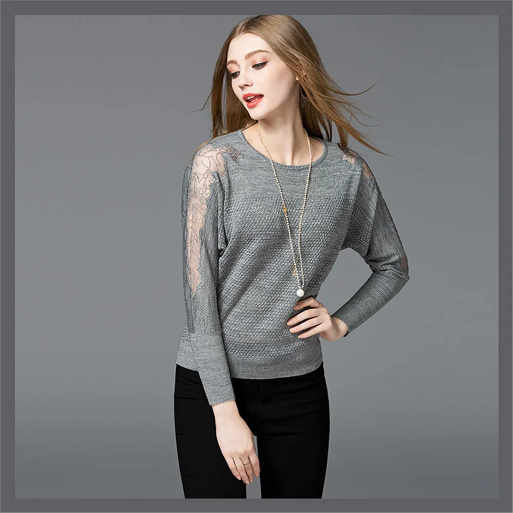 Autumn Lace sleeve Sweater T shirt for women 2017 knitted pullover sweater T shirt Women winter warm knitting sweater shirt (2)