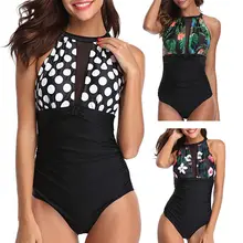 Женский купальник-танкини больших размеров в богемном стиле с цветочным узором и узором в горошек, плиссированный сетчатый монокини с замочной скважиной, купальный костюм с лямкой через шею