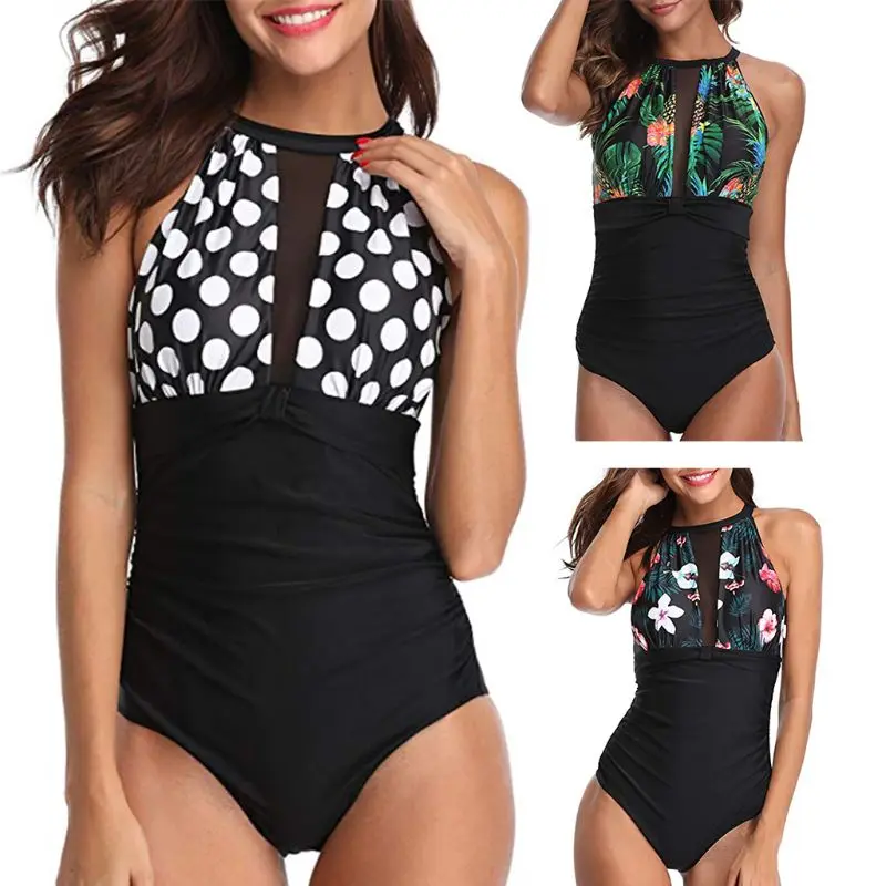 

Women Plus Size Tankini Bohemian Floral Polka Dot Swimsuit Tummy Control Pleated Keyhole Mesh Monokini Halter Bathing Suit