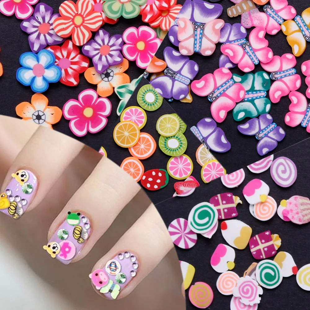 DIY 100 шт./компл. 3D Цветок Фрукты Sweet Heart Бабочка дизайн ногтей наклейки Fimo