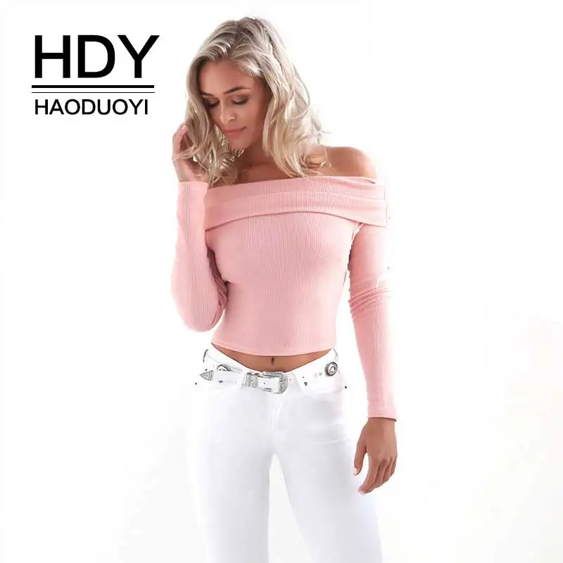 HDY Haoduoyi Для женщин Осень Новый Повседневное Топы sexy-плеча трикотажный кроп