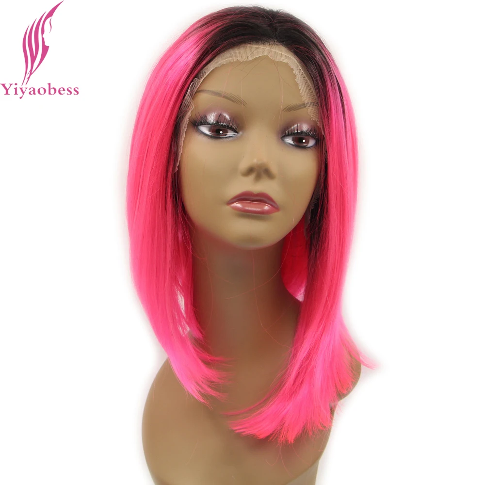 

Yiyaobess 14inch Glueless Short Straight Lace Front Wig Synthetic Pink Purple Green Purple Red Ombre Short Bob Wigs For Women