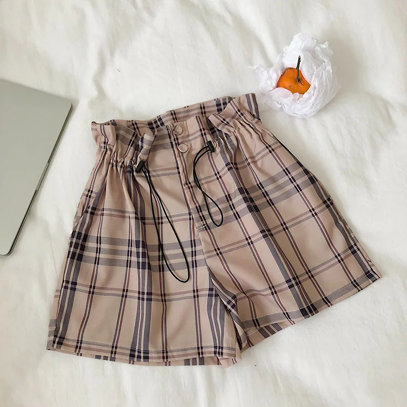 Шорты для женщин для лето 2019 г. Мода корейский Ретро Drawstring Плед s Эластичный Высокая талия двойная кнопка свободные тонки