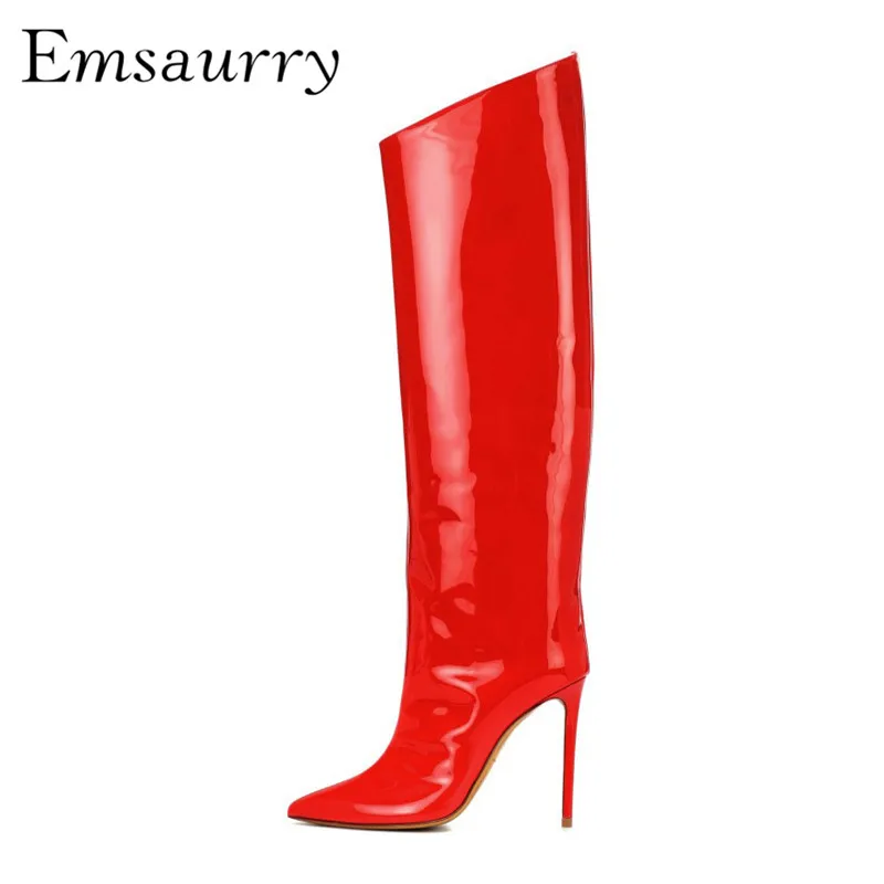 

Fashion Stage Knee High Boots Stiletto Heel Sexy Pointed Toe Leather Nightclub High Booties Metal Color Catwalk Women Boots