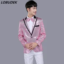 Для мужчин Блейзер Костюмы песню хора Танцы костюмы бар хост DJ певица одежда для выступлений Свадебные studio розовые блестки костюм Куртки