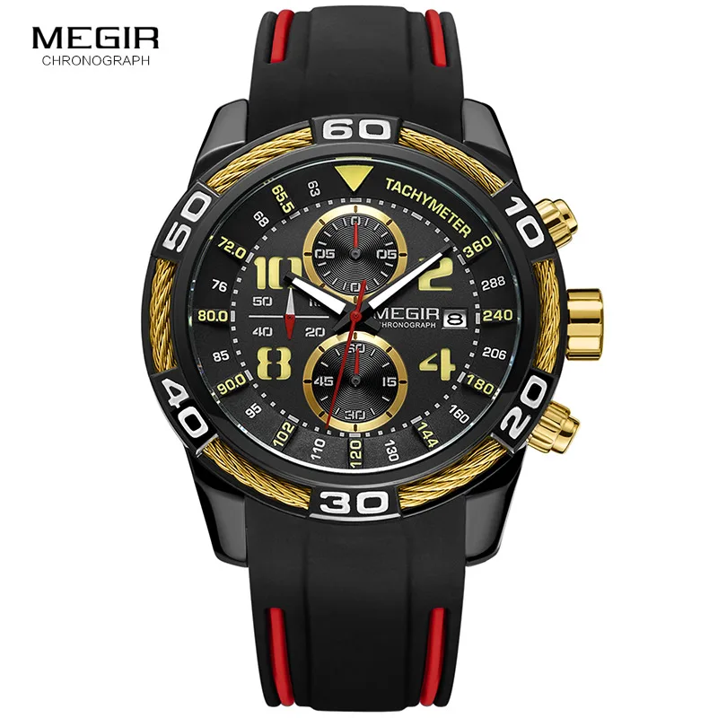 Online Megir männer Sport Chronograph Quarz Handgelenk Uhren Wasserdicht Silikon Armee Racing Leucht Uhr Relojios Masculinos 2045 1N3