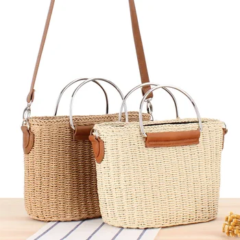 

Handmade Bohemian Straw Beach Bag For Women,Woven Female Shoulder Bags Summer Knit Handbag Drawstring Basket Messenger Bag Tote
